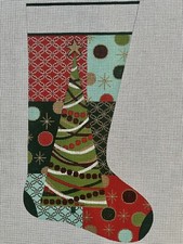 Alice Peterson Hand Painted Needlepoint Canvas Stocking Patchwork Tree 20  Rare