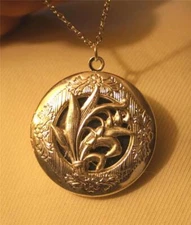 Lovely Floral Rim Lily of the Valley Sprig SILVERTONE Locket Pendant Necklace