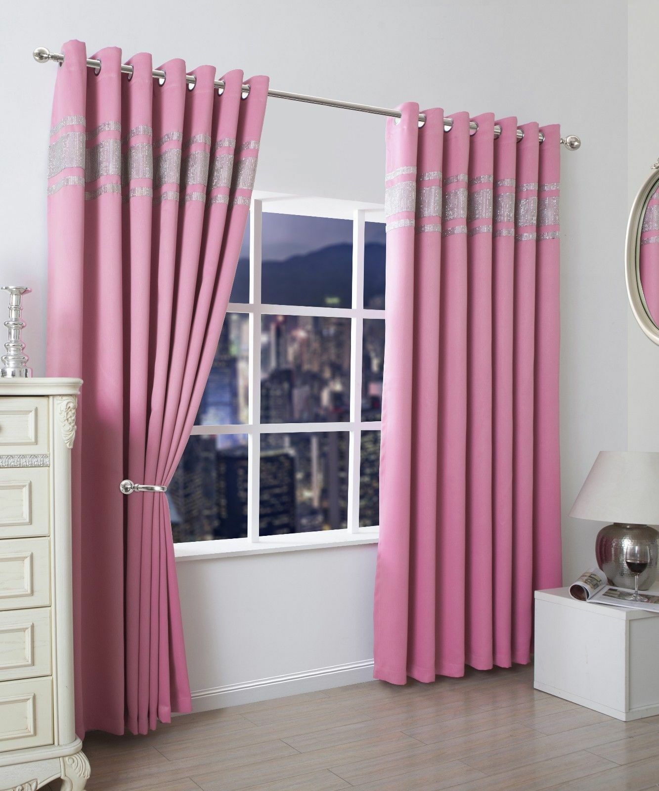 New Diamante Thermal Blackout Curtain Pair Eyelet Top Energy Saving