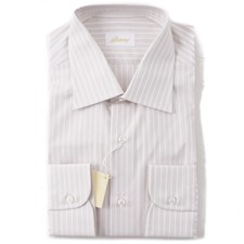 NWT 650 BRIONI Sand Beige and White Striped Cotton Dress Shirt 15.75 x 35