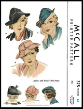 McCall 375 PATTERN BRIMMED Hats Cap 1930's 23"