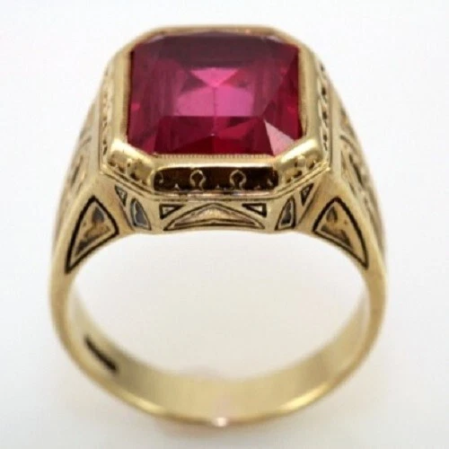 Vintage Style 3.00Ct Emerald Cut Created Ruby Men's Ring 14k Yellow Gold Plated