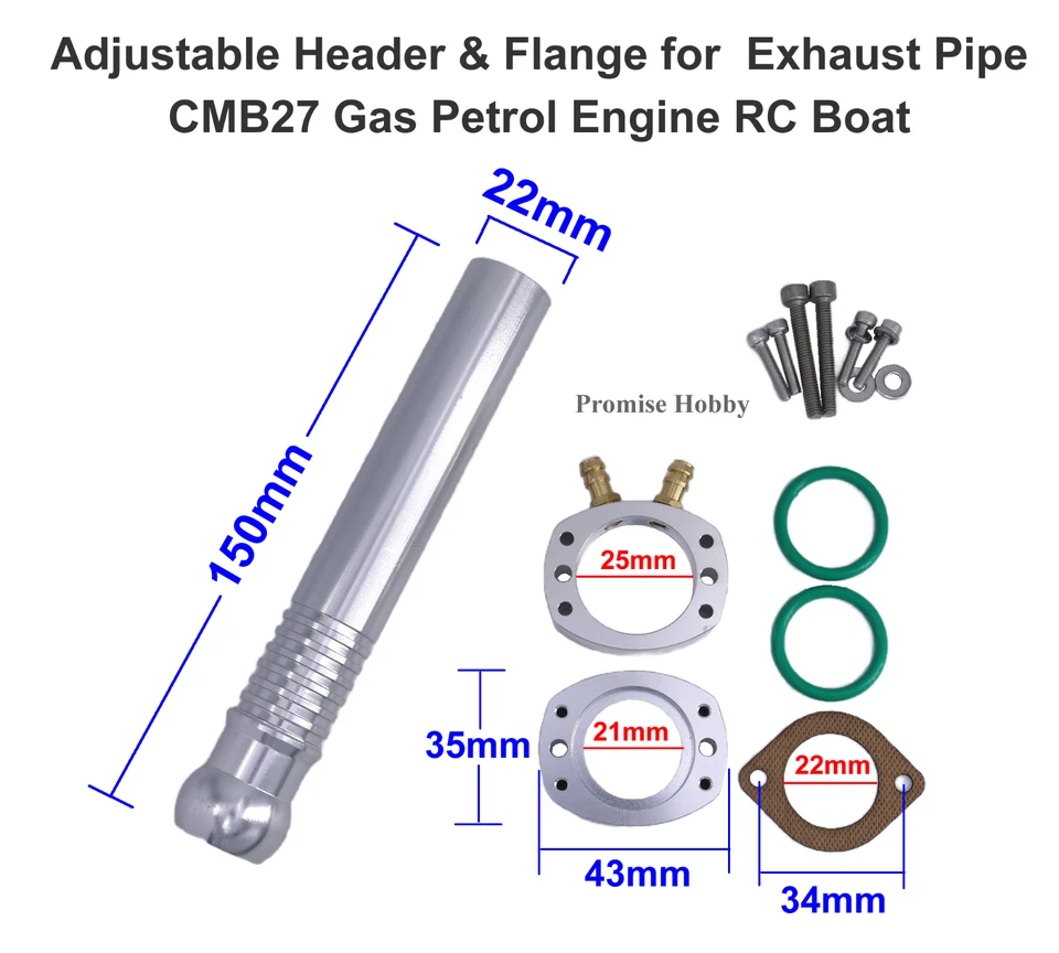 Adjustable Aluminum Header & Flange for CMB27 Exhaust Pipe Gas Engine RC Boat - Image 2 of 4