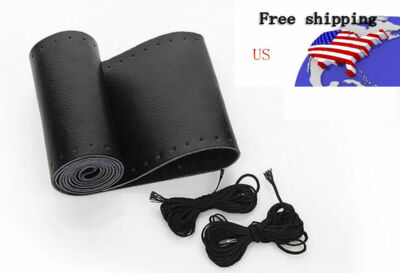 Car DIY Black Genuine Leather Steering Wheel Cover Wrap Sew-on Kit 15''/38CM