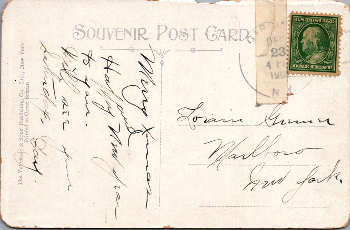 c1907 Christmas greetings holly town snow scene gold gilt