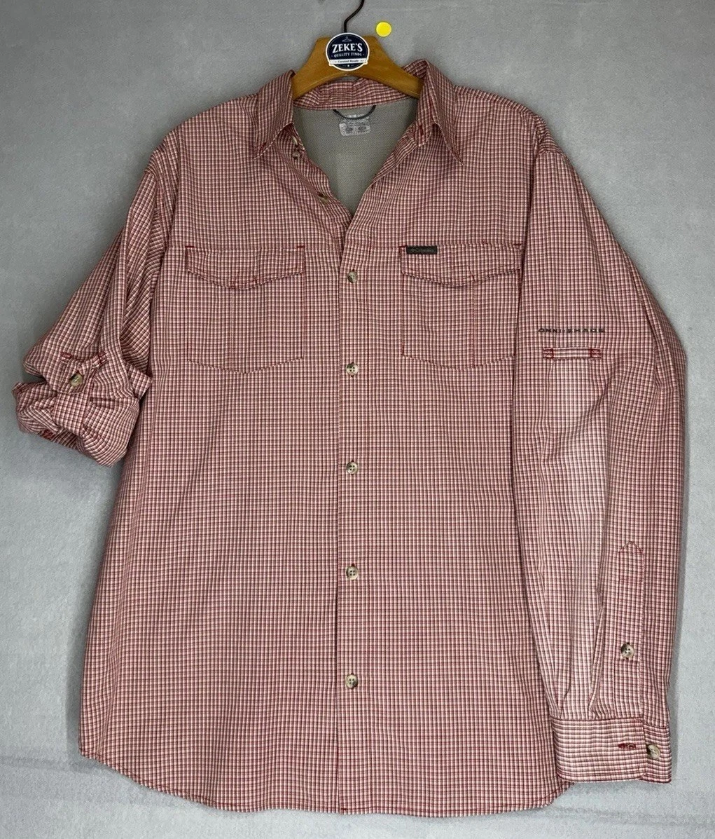 Men’s Columbia Fishing Shirt Long Sleeve Omni Shade Size XL, Red Plaid