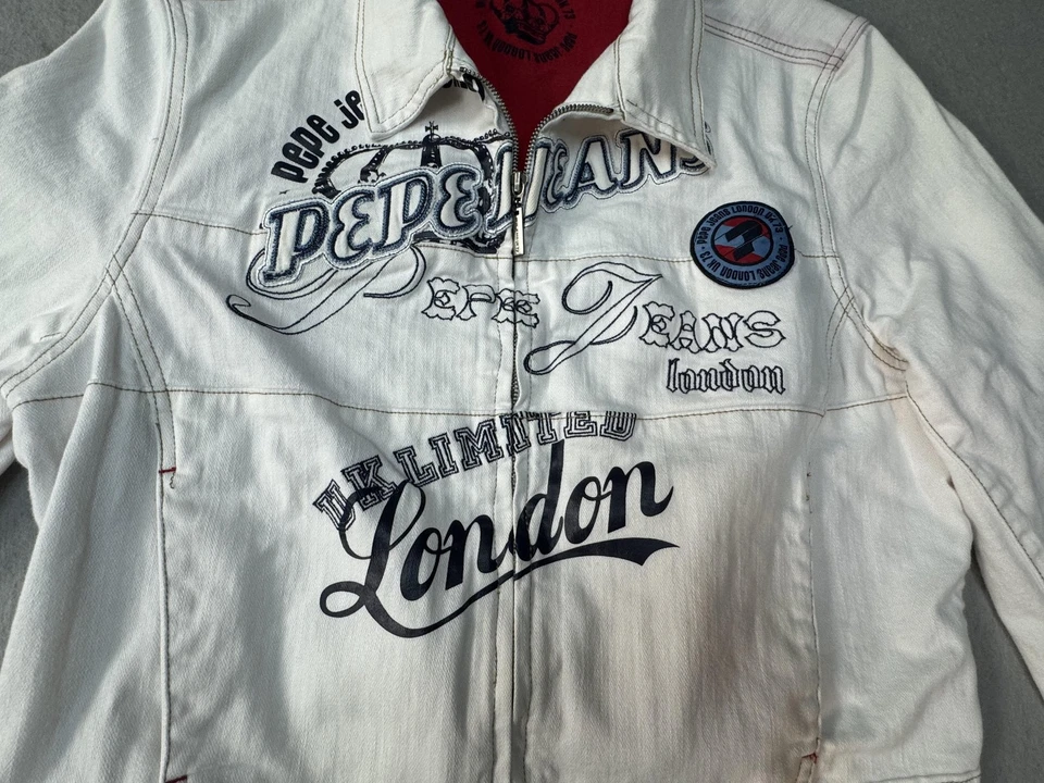 Chaqueta Pepe Jeans Para Hombre 2XL Blanca Denim Cremallera Frontal Gráfico Londres Parche Logo Foto 4 de 4