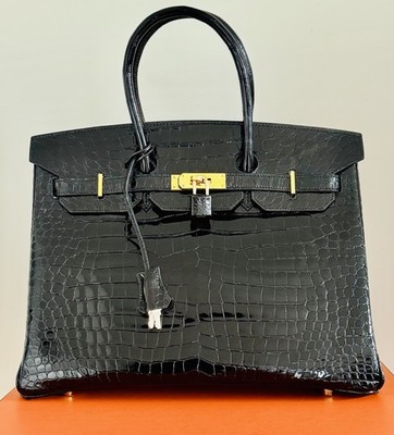 Hermès Birkin 35   Shiny Porosus Crocodile, Black Box Dust Bag keys Clothette