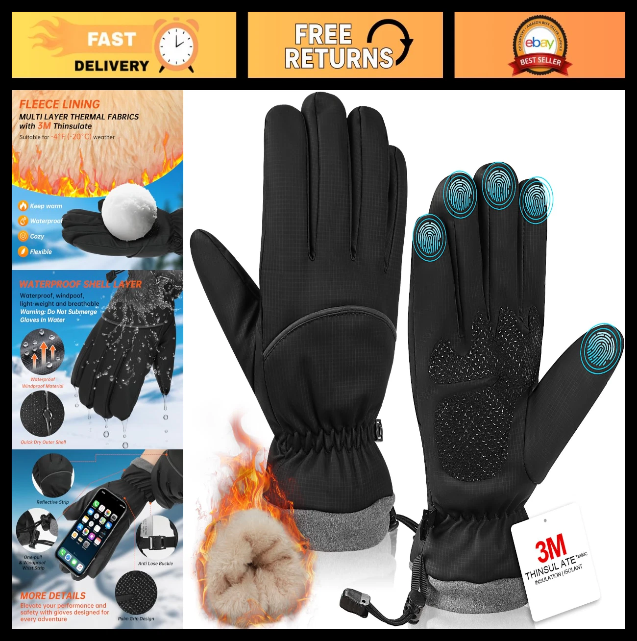 Waterproof Windproof Touch Screen Winter Gloves for Men & Women - Thermal Lining