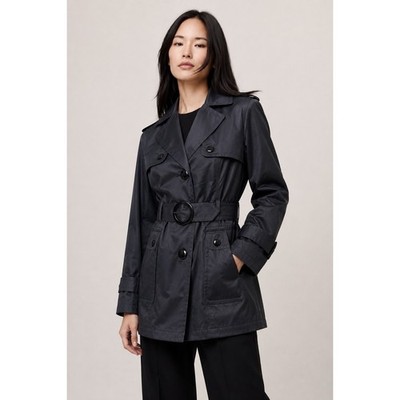 Banana Republic Womens Trench Coat S Petite Black Belted Double Breasted Chic