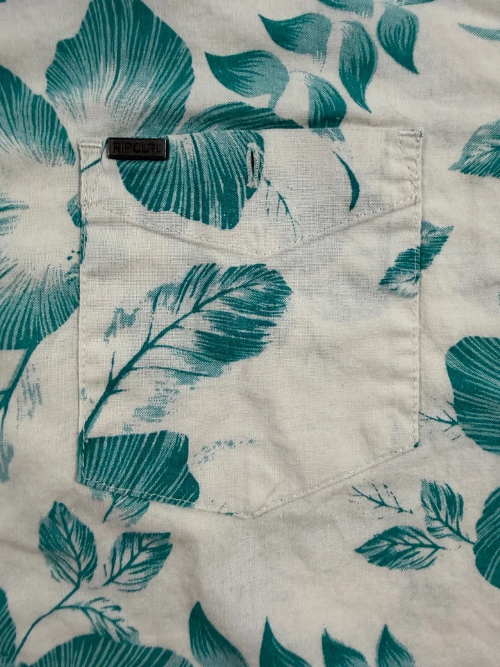 Rip Curl Shirt Mens M Slim Fit Short Sleeve Button Up Floral Hawaiian White Teal - Image 2 of 4