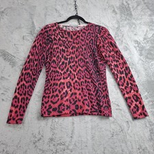 Neiman Marcus Cashmere Red Pink Black Leopard Print Long Sleeve Sweater S