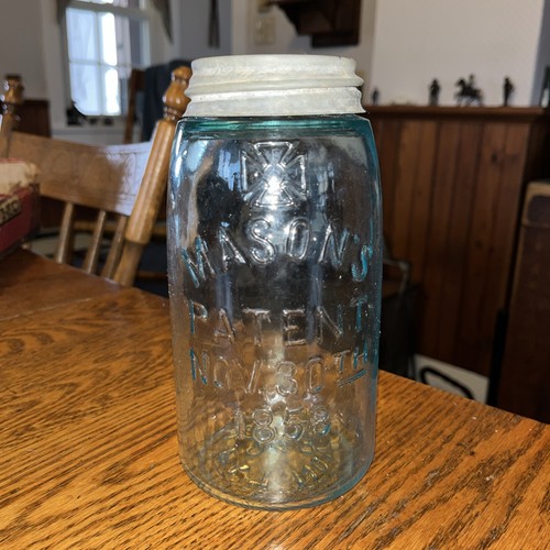 Aqua Blue Masons Patent Nov 30th 1858 Hero Maltese Cross Quart Fruit Jar