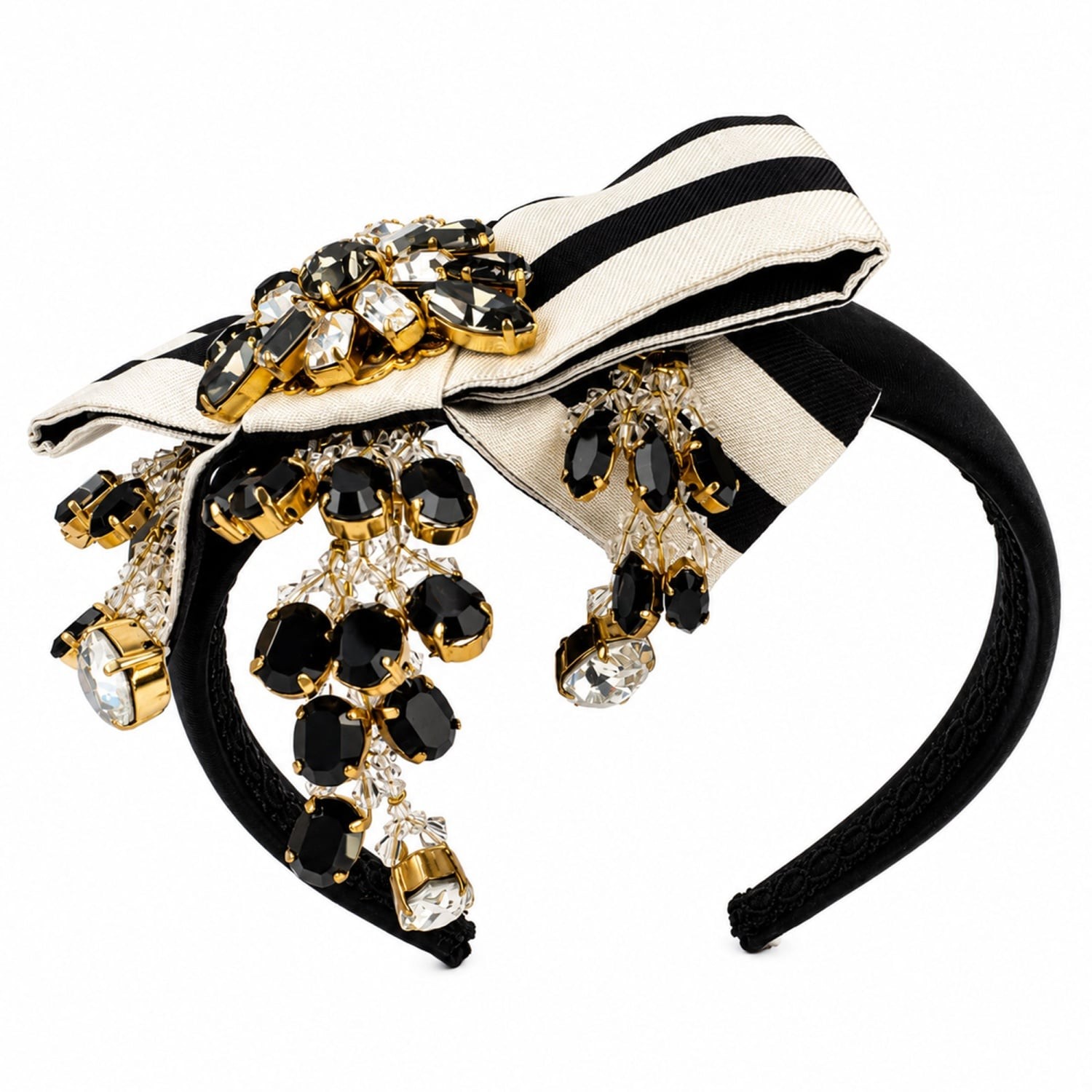 DOLCE & GABBANA Kristall Brosche Seide Schleife Haarreif Schwarz Gold Weiß