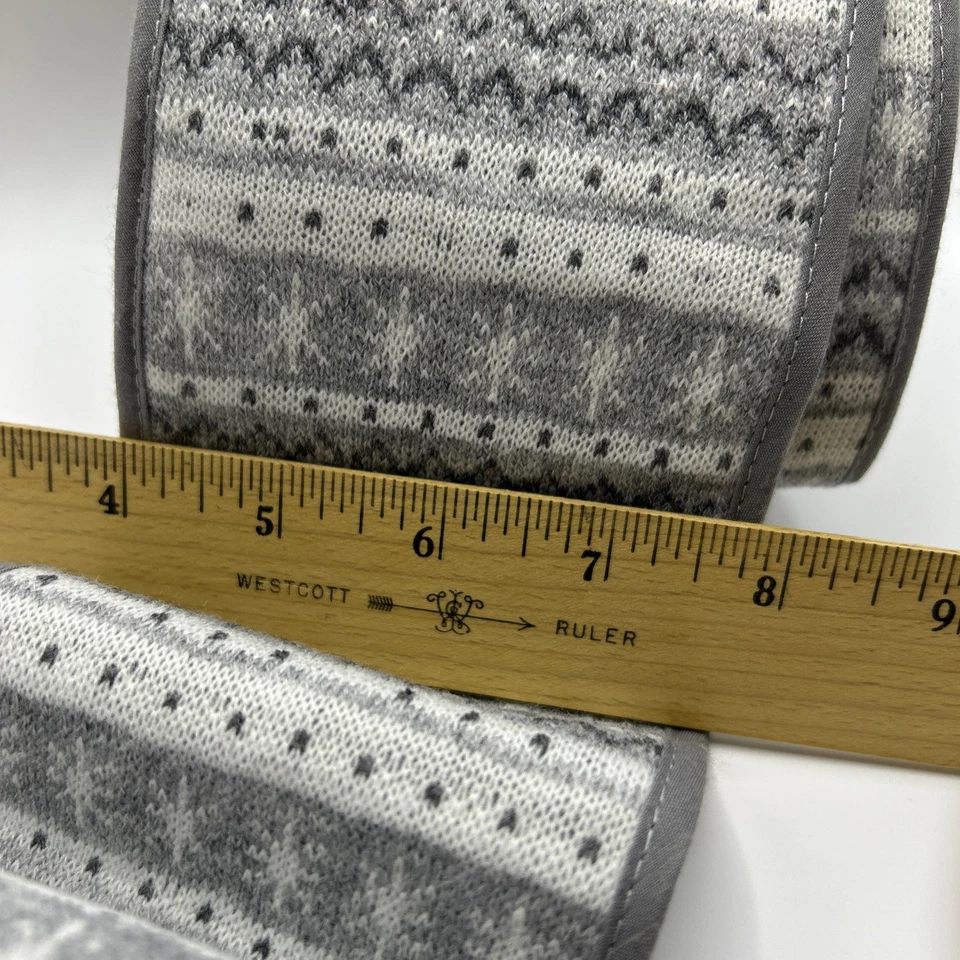 Christmas Ribbon Snowflake White Gray Wired 4 In Wide 6 Yd Flannel By HM - Image 2 of 3