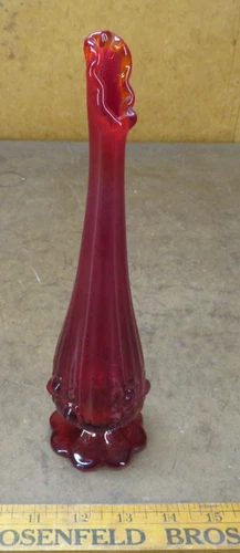 Vintage Tall Ruby Red Floral Fenton Swung Glass Bud Vase 10" MCM