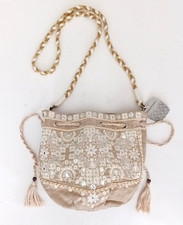 NWT World Market Boho Drawstring Bucket Crossbody Beige Fabric Embroidered