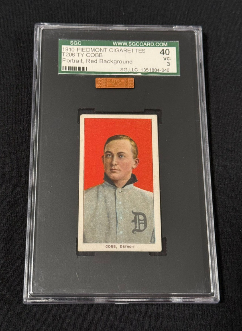 TY COBB 1910 PIEDMONT T206 PORTRAIT RED BACKGROUND CARD SGC 40 VG 3 + EYE APPEAL