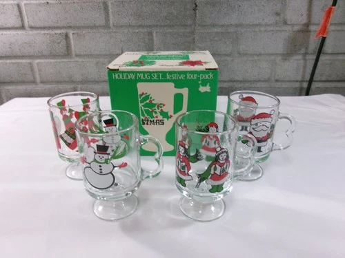 Set of 4 Vtg Indiana Glass 8oz Assorted Holiday Christmas Crystal Mugs in Box