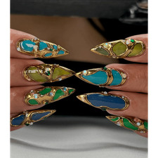 Gold Frame Handmade Press on Nails Color Gem Pearl Iridescent Fake Nails
