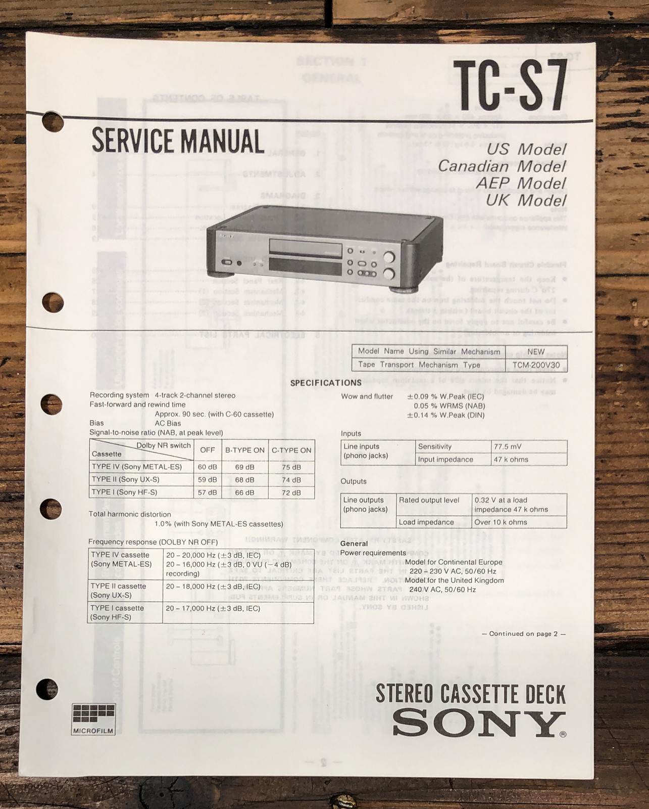 Sony TC-S7 Cassette Service Manual *Original*