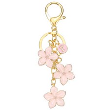 Initial Letter Flower Keychain, Alphabet P Cherry Blossom Keyring, Pink