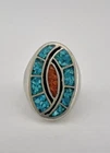 Vtg Navajo Sterling Silver Crushed Chip Turquoise & Coral Flush Ingot Ring 15.4g