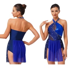 Womens Dancewear Irregular Hem Dress Latin Bodysuit Built-in Briefs Costume