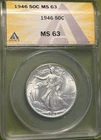 1946 P WALKING LIBERTY HALF DOLLAR ANACS MS-63 - UNCIRCULATED - CERTIFIED - 50C