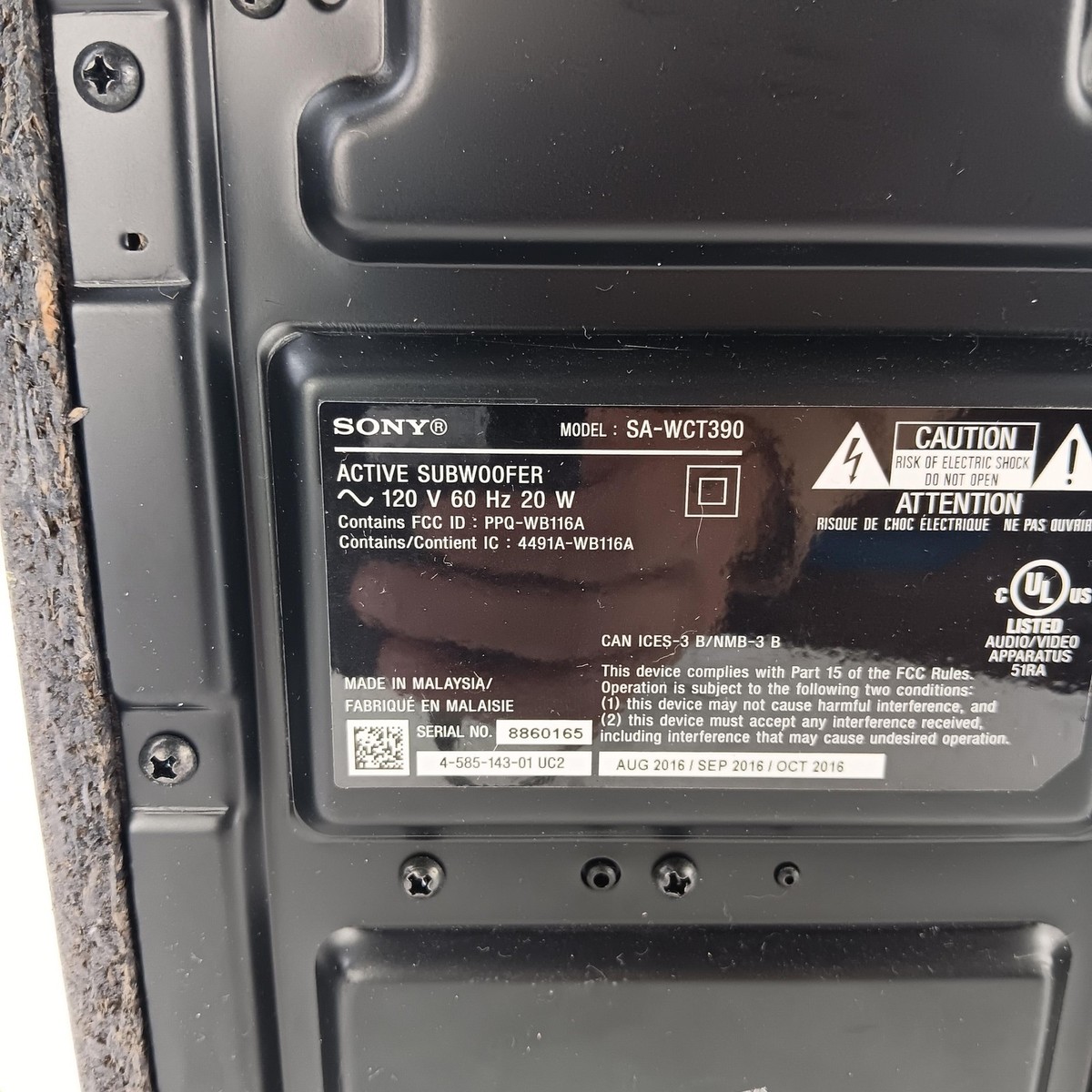 Sony SA-WCT390 Active Subwoofer Black 120V 20W Home Theater