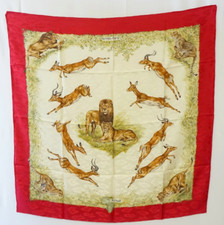 HERMES Carr  90 Kenya Animal Print Silk Scarf Red Multicolor Japan Used 