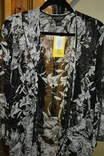 CITRON LARGE BLACK & WHITE FLOWER SHEER WITH RUFFLES OPEN FRONT TOP NWT