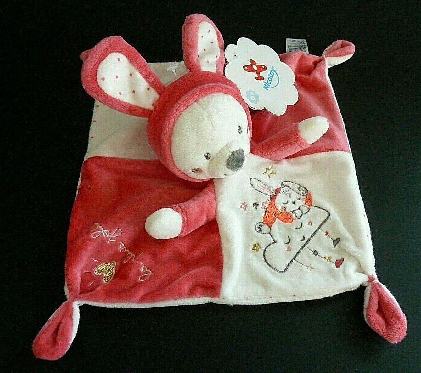 Doudou plat Nicotoy chat à capuche lapin lavable en coton hypoallergénique