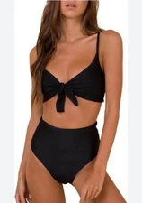 Blooming Jelly Womens High Waist Bikini Set Tie Knot Two Piece Swimsuit Black M