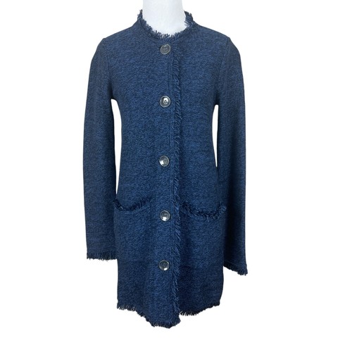 J McLaughlin Sweater Women XS Blue Cardigan Buttons Longline Marled Knit Fringe