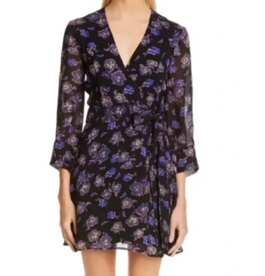 NWT Ganni Floral Print Georgette Wrap Dress Violet Purple Black