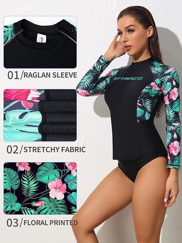 ATTRACO Women Long/Short Sleeve Rash Vest UV UPF 50 Rash Guard Surfing Swim Top - Picture 4 of 28