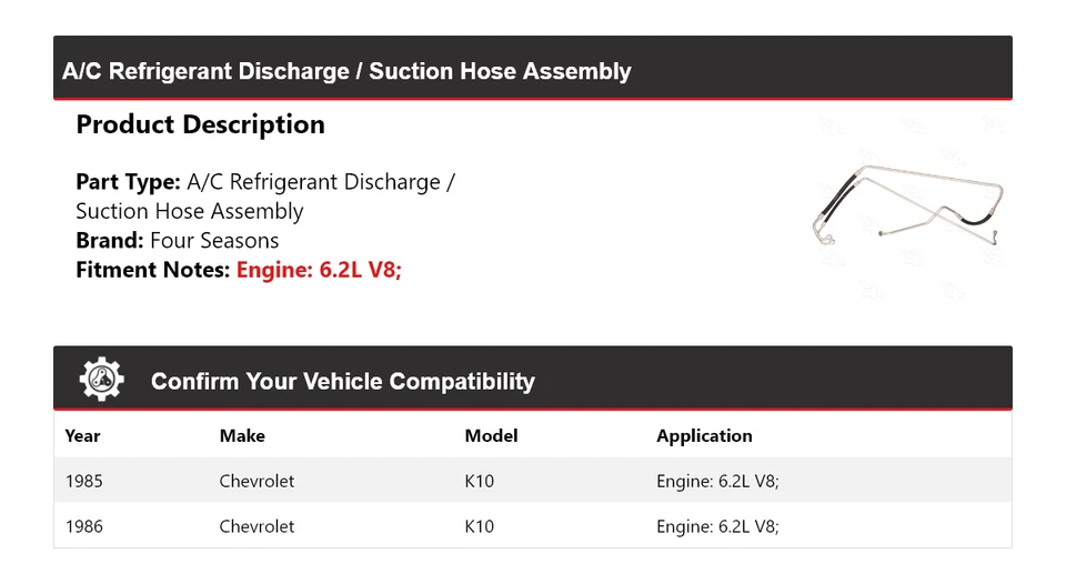 Комплект из 4 сезонов для разгрузки хладагента/всасывающего шланга переменного тока для Chevrolet K10 1985-86 годов выпуска - Изображение 2 из 4