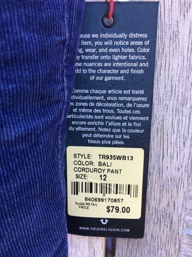 True Religion Corduroy Jeans Sz 12 Nwt Blue Bali Straight Unisex Girls Boys - Picture 2 of 5