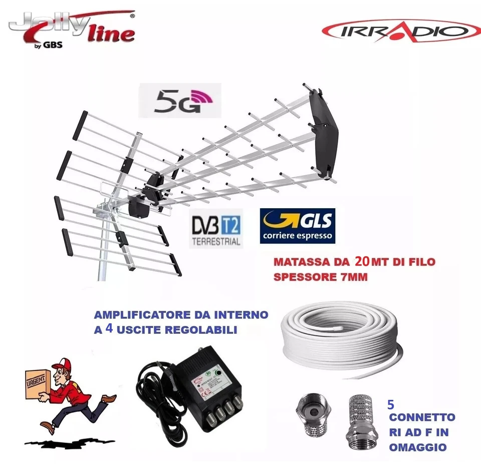 IRRADIO Kit Antenna TV Amplificata Esterna Digitale Terrestre Amplificatore da INTERNO