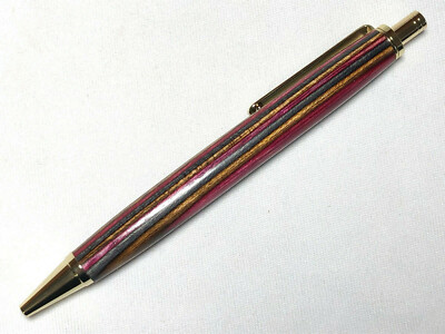 Single tube click pen, red and blue colorwood, gold hardware, Parker refill