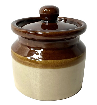 2 Tone Brown Pottery Crock Stoneware Bean Pot Small 3  Dia. 3.25 T