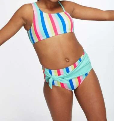 Justice One Shoulder Candy Stripe Tie Two Piece Bikini Swimsuit UPF 50+ Lined - Image 1 of 2