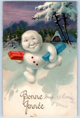 New Year Postcard Bonne Annee Anthropomorphic Snowman With Gifts Winter Scene