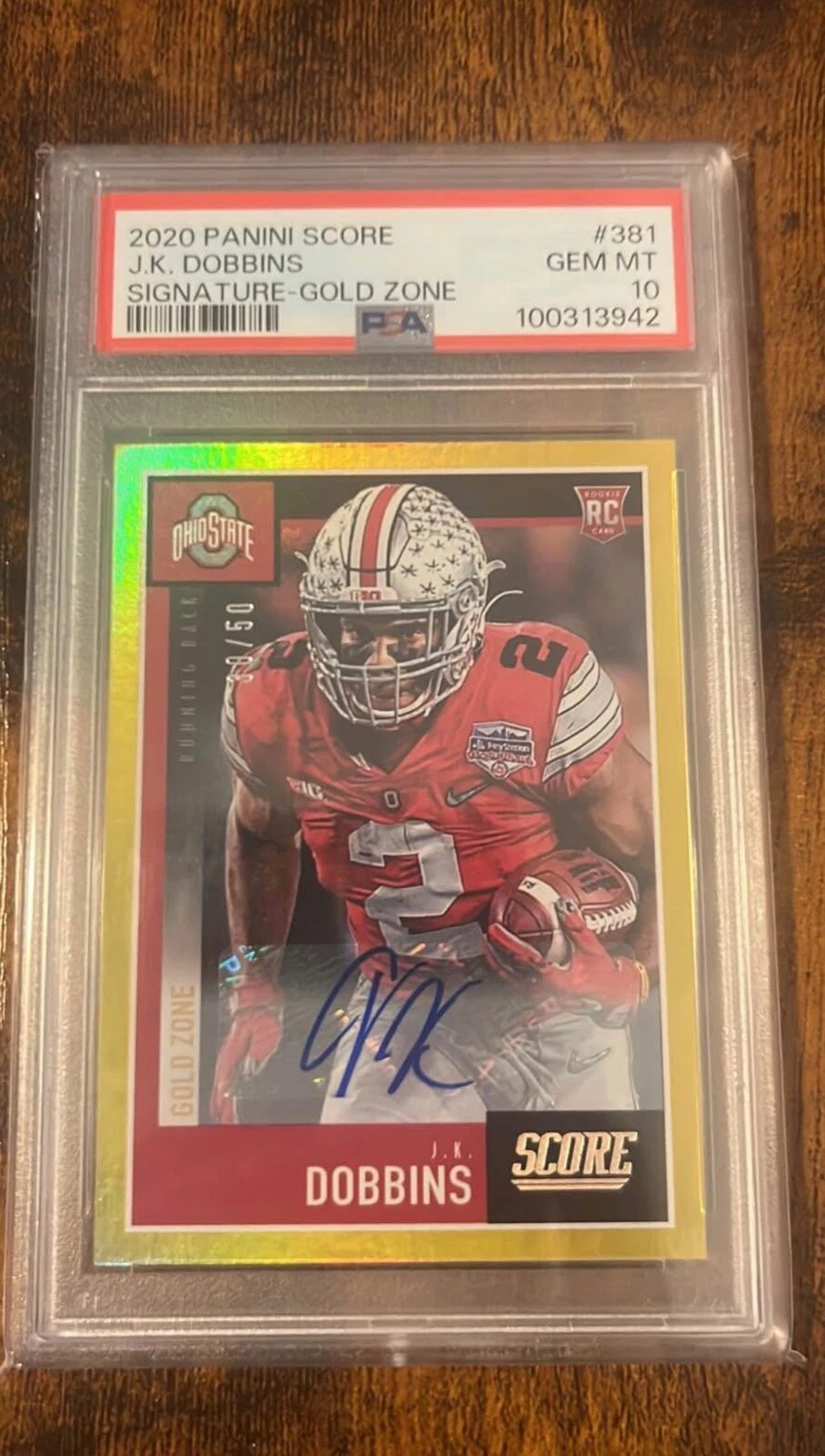 JK Dobbins Panini Score #381 Signature-Gold Zone