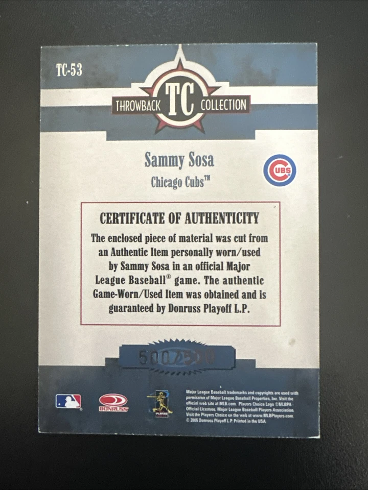 Sammy Sosa Throwback Threads Cubs Home Pinstripe Jersey Card - Image 2 of 4