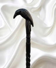 Hand Carved Raven Walking Cane Gothic Crow Head Wooden Stick 3 Fold Travel
