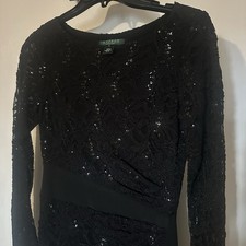 Lauren Ralph Lauren Evening Gown Women's 2 Black Sequin Ruched Slit Formal Party