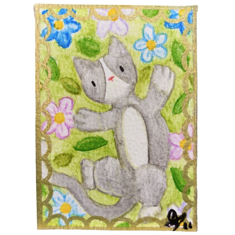 ACEO Watercolor Painting Gray Cat Flowers Gold Leaf Border OOAK Mini Art 2.5x3.5