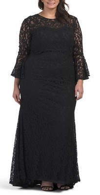 Terani Couture Plus Size 18 Gown Black Lace Overlay Bell Sleeve Long Maxi Dress